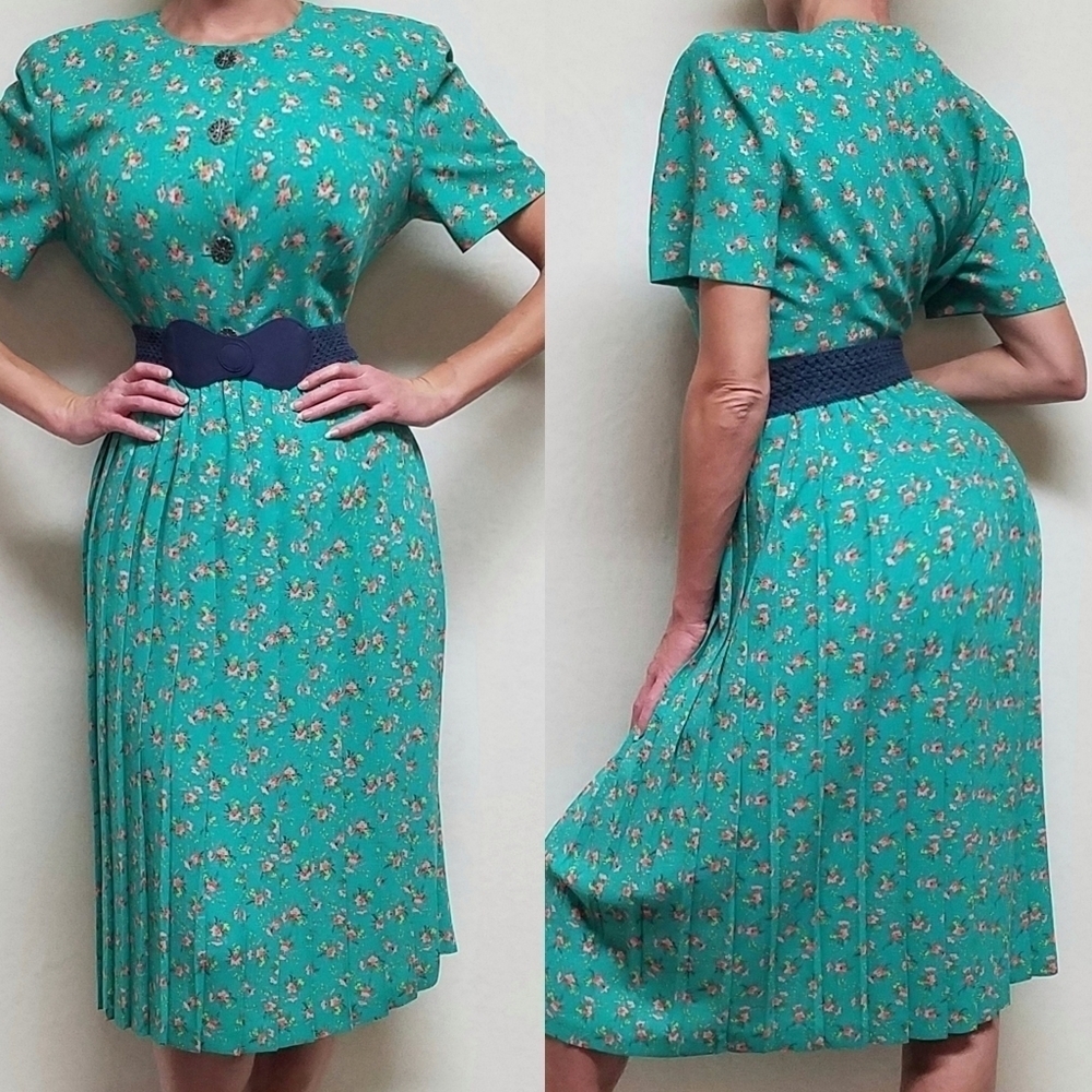 VINTAGE 90s Leslie Fay Ditsy Floral Button Up Blouse Multi-pleated Midi Skirt 12
